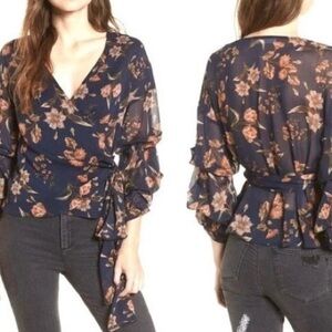 ASTR The Label floral navy wrap ruffle sleeve blouse S